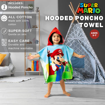 Franco Super Mario Kids Beach/Pool/Bath/Camping Hooded Towel Poncho 24' X 22', Absorbent Cotton Cover Up, (Official Nintendo P