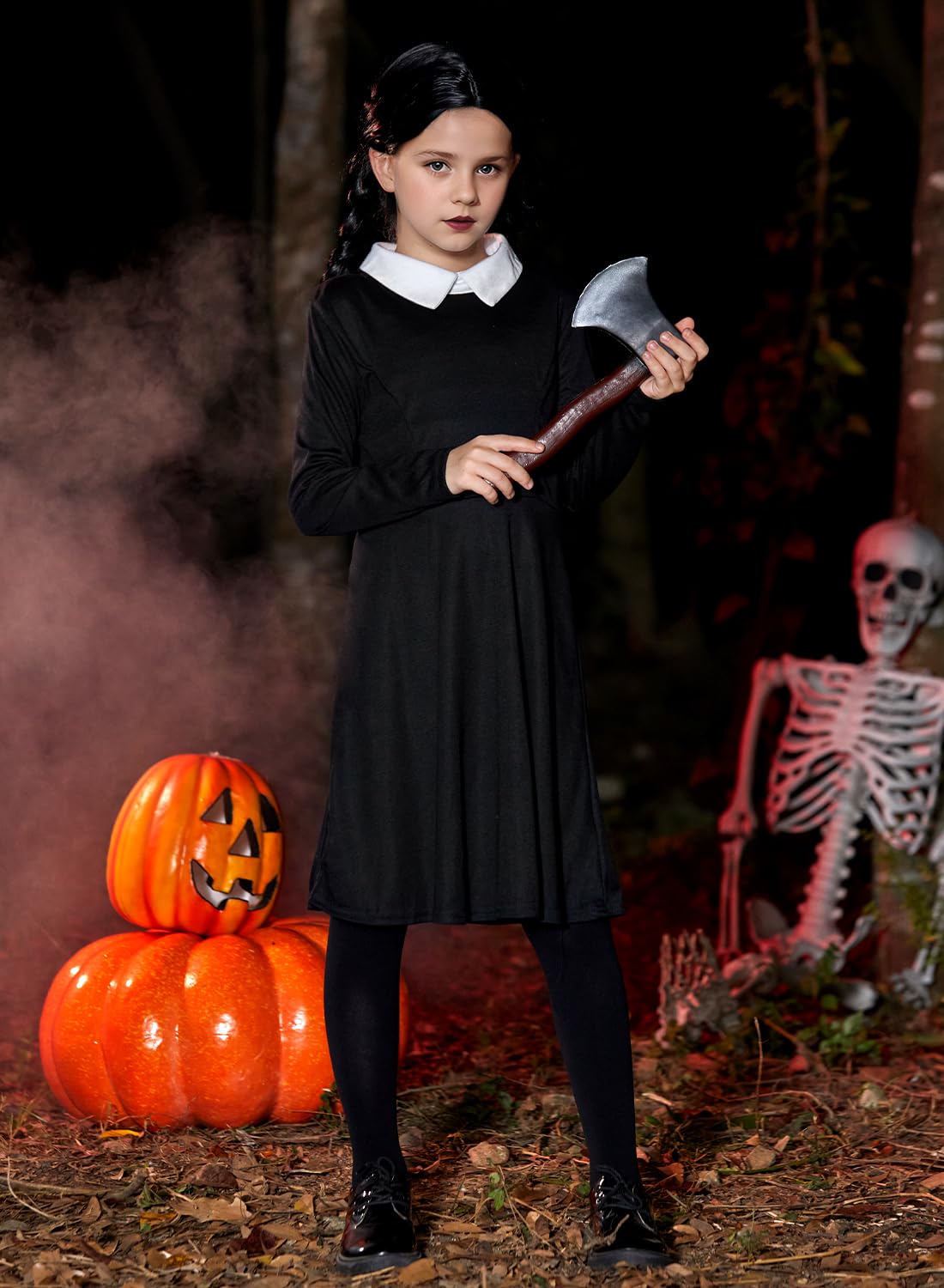 Girls Halloween Swing Black Peter Pan Collar Dress Aline Wednes Skater Party Outfit 4 Years
