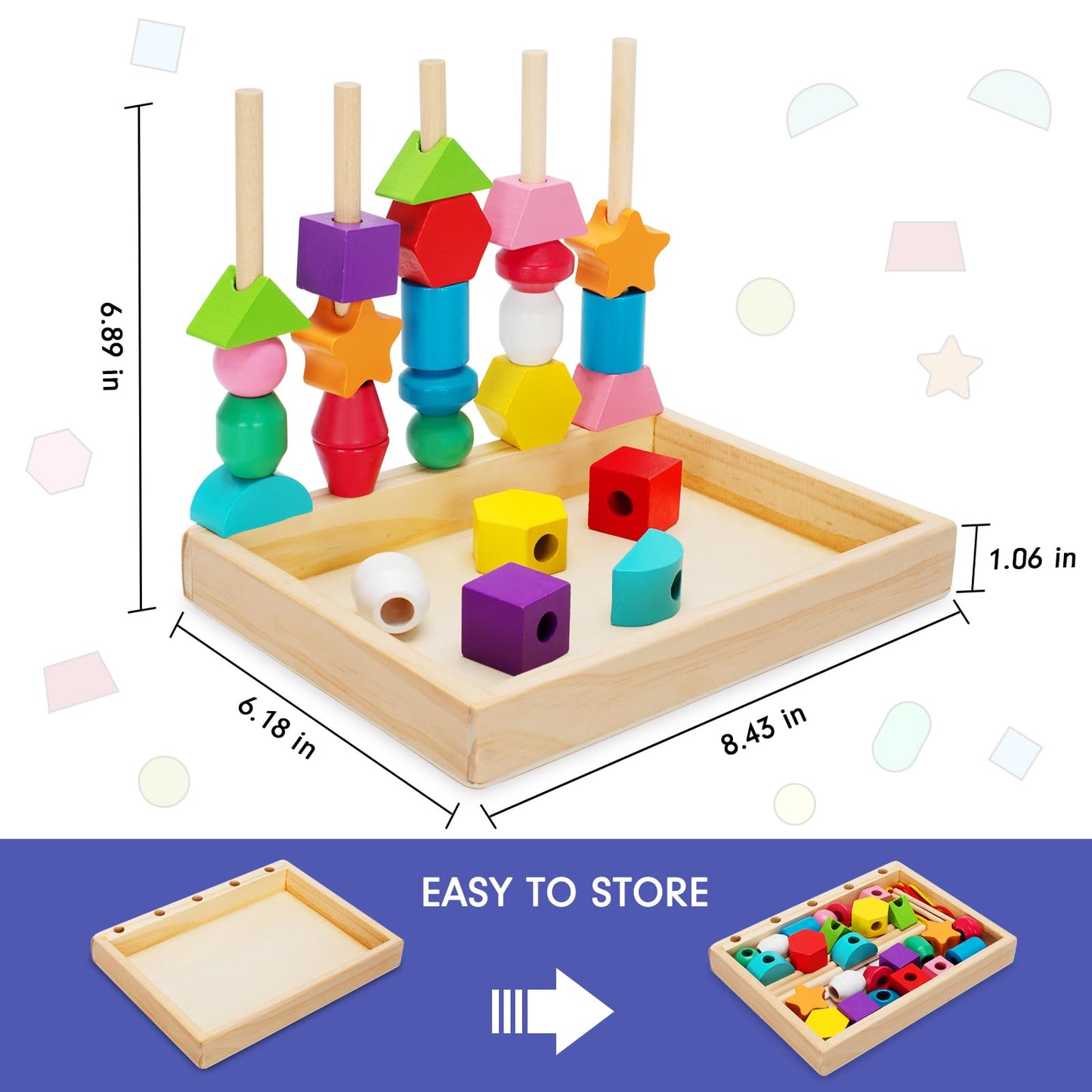 TooyBing Montessori Wooden Lacing Beads Toys for 2 3 4 Year Old Toddler Kids, Sequencing & Stacking Block Toy with Storage Box,