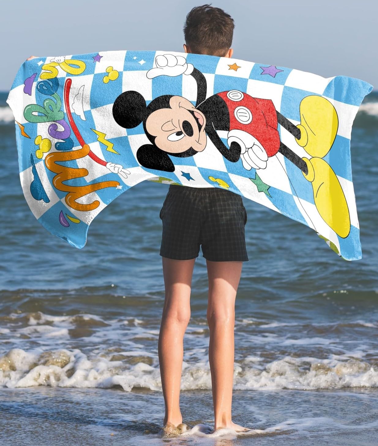 Disney Mickey Mouse Bath Pool Beach Towel - Checkered Kids Super Soft & Absorbent 100% Cotton Towel, Measures 28 X 58