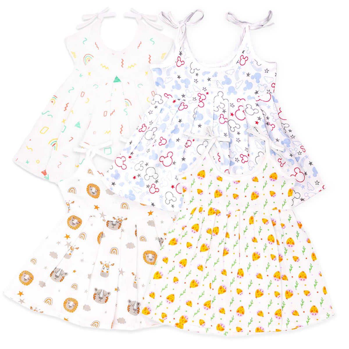 Kidbea Extra Soft Muslin Cotton Frock For Baby Girl | Rainbow, Tiger, Space And Mickey Chick Print For 3 To 6 Months | Packof 4