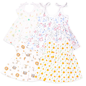 Kidbea Extra Soft Muslin Cotton Frock For Baby Girl | Rainbow, Tiger, Space And Mickey Chick Print For 6 To 9 Months | Packof 4