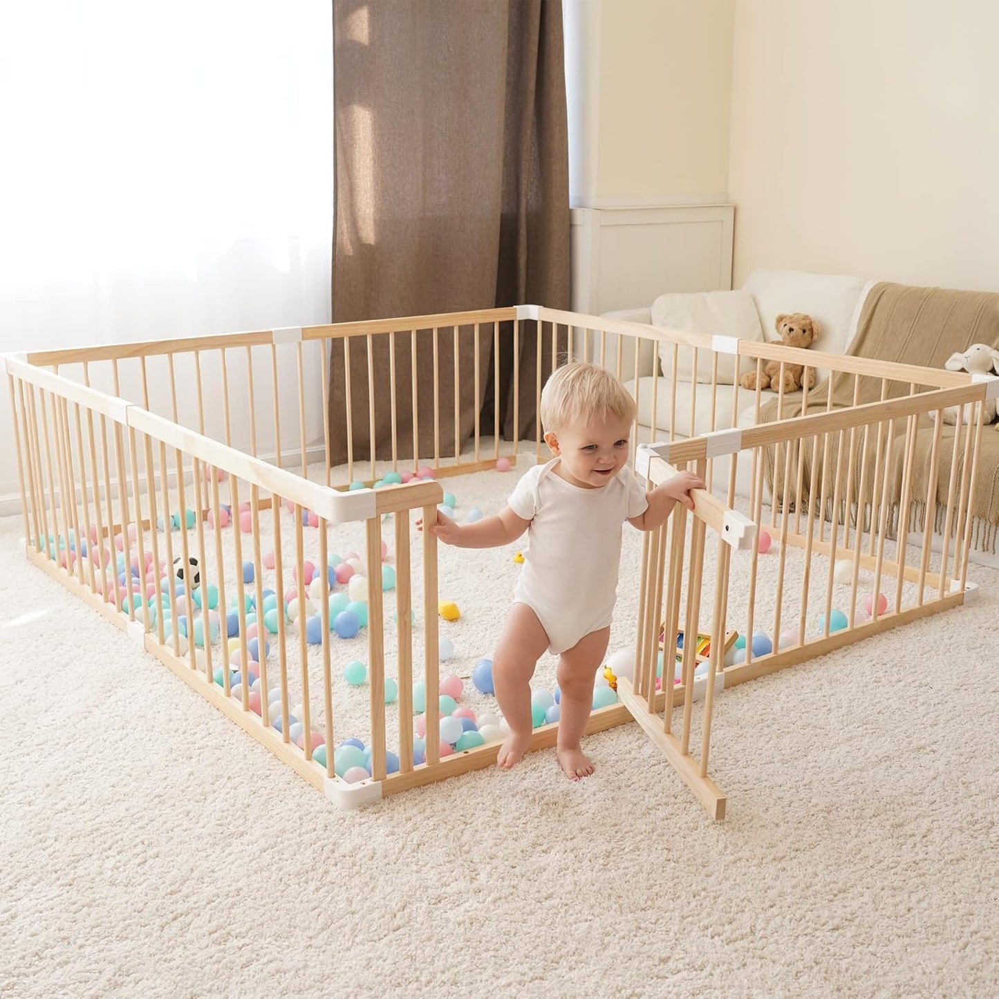Ggf Wooden Baby Playpen -95 * 55 * 24 In, Large Wood Gate Playpen For Babies And Toddlers, Baby Fence Play Yard With Door For Ki
