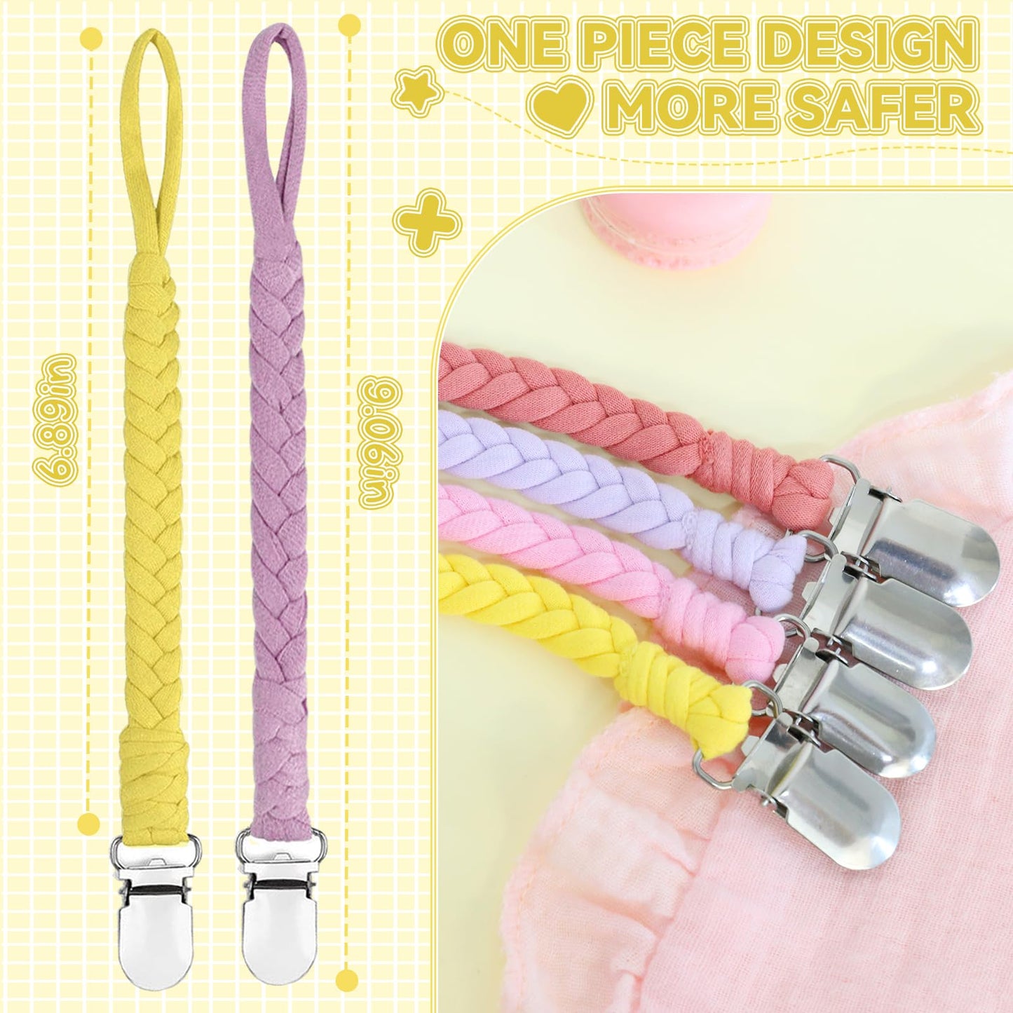 4 Pcs Pacifier Clip, Pacifier Clips For Boys & Baby Girls Pacifier Holder Clip Binky Clips Braided 100% Handmade Fits All Pacifi