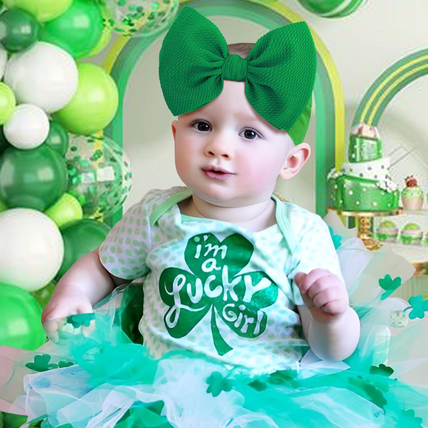 Oneninedream Hairband, St.Patrick'S Day Hair Accessories For Infant Baby Girls, Green Headbands With Bows, Shamrock Print, Nylon