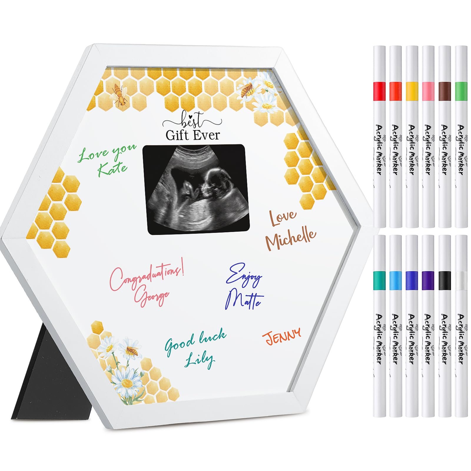 Thyle Honeycomb Baby Shower Sonogram Frame with 12 Markers Baby Shower Party Favors Signature Frame Guest Book Ultrasound Pictur