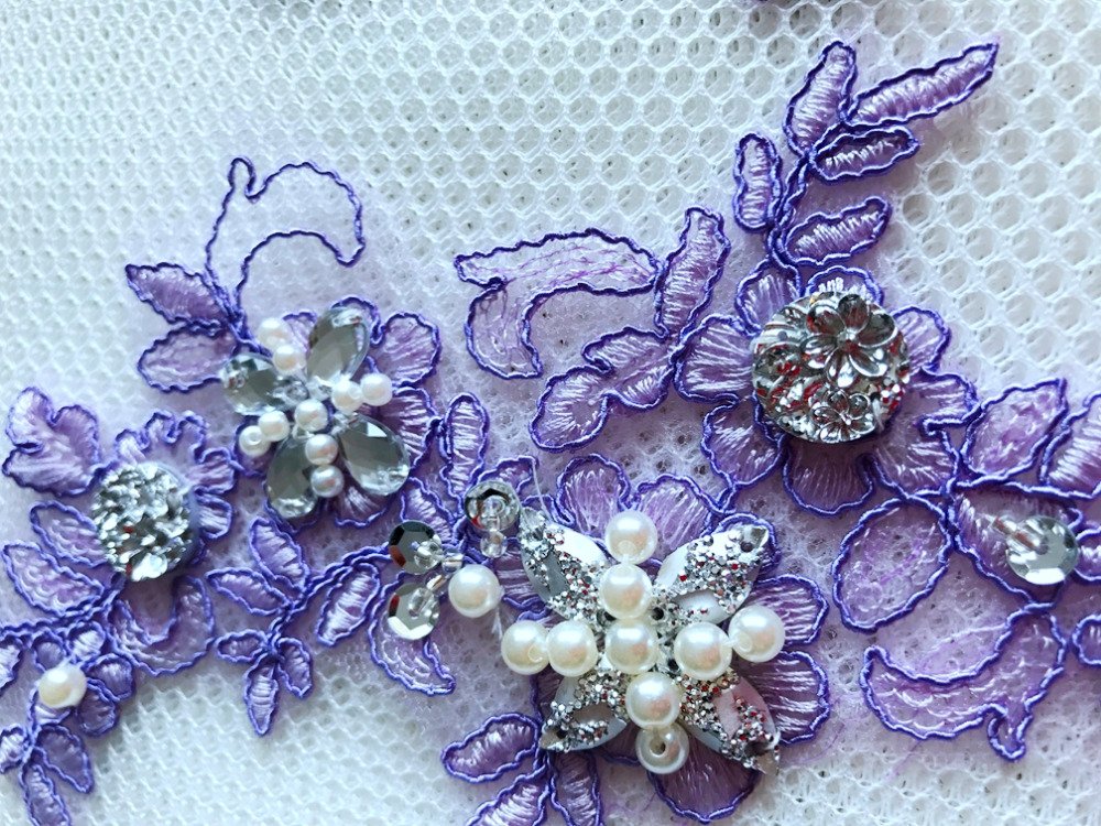 Wtbv.N 23X9Cm Sew On Beaded Rhinestones Light Purple Lace Applique Veil Manual Diy Accessories 2Pcs/Bag
