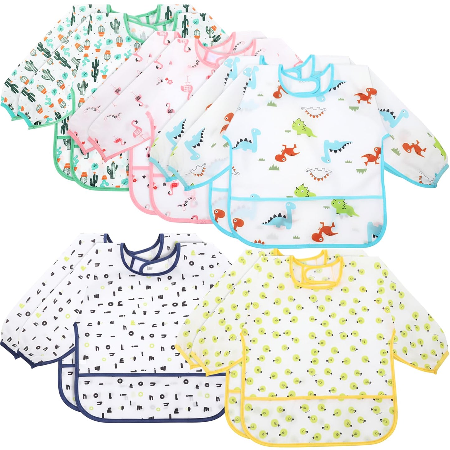 Tarpop 10 Pack Long Sleeve Bibs Infant Smocks Multi Pack Waterproof Soft Sleeved Bibs for Babies Toddler Eating Feeding (6-24 Mo