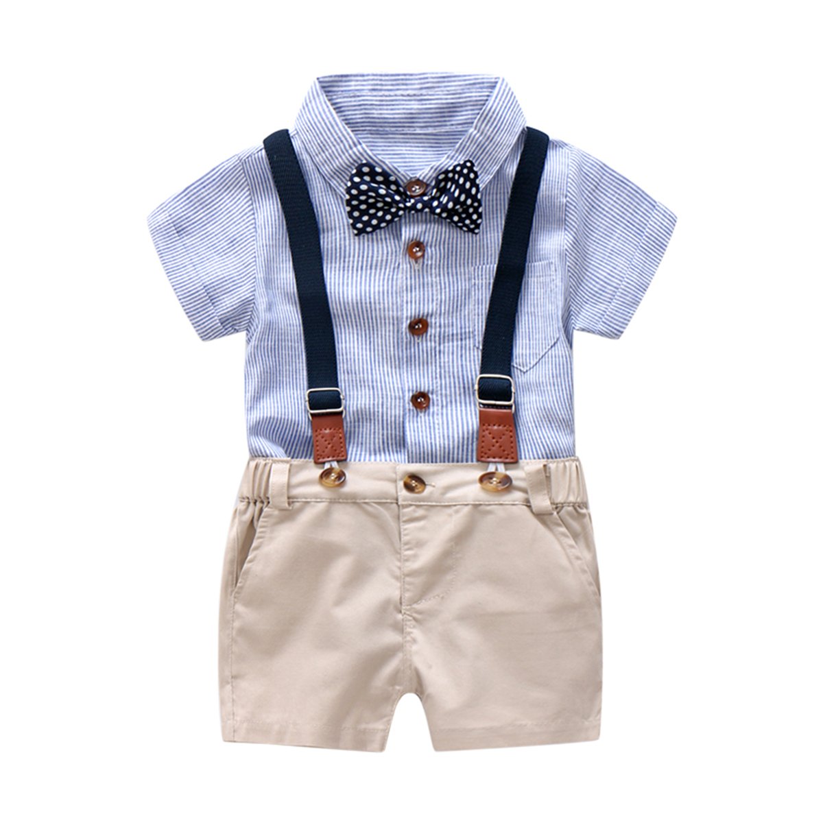 Baby Boys Gentleman Outfits Suits, Infant Blue Shirt+Bib Shorts+Tie+Suspenders Clothing Set,3-6M