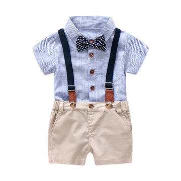 Baby Boys Gentleman Outfits Suits, Infant Blue Shirt+Bib Shorts+Tie+Suspenders Clothing Set,3-6M