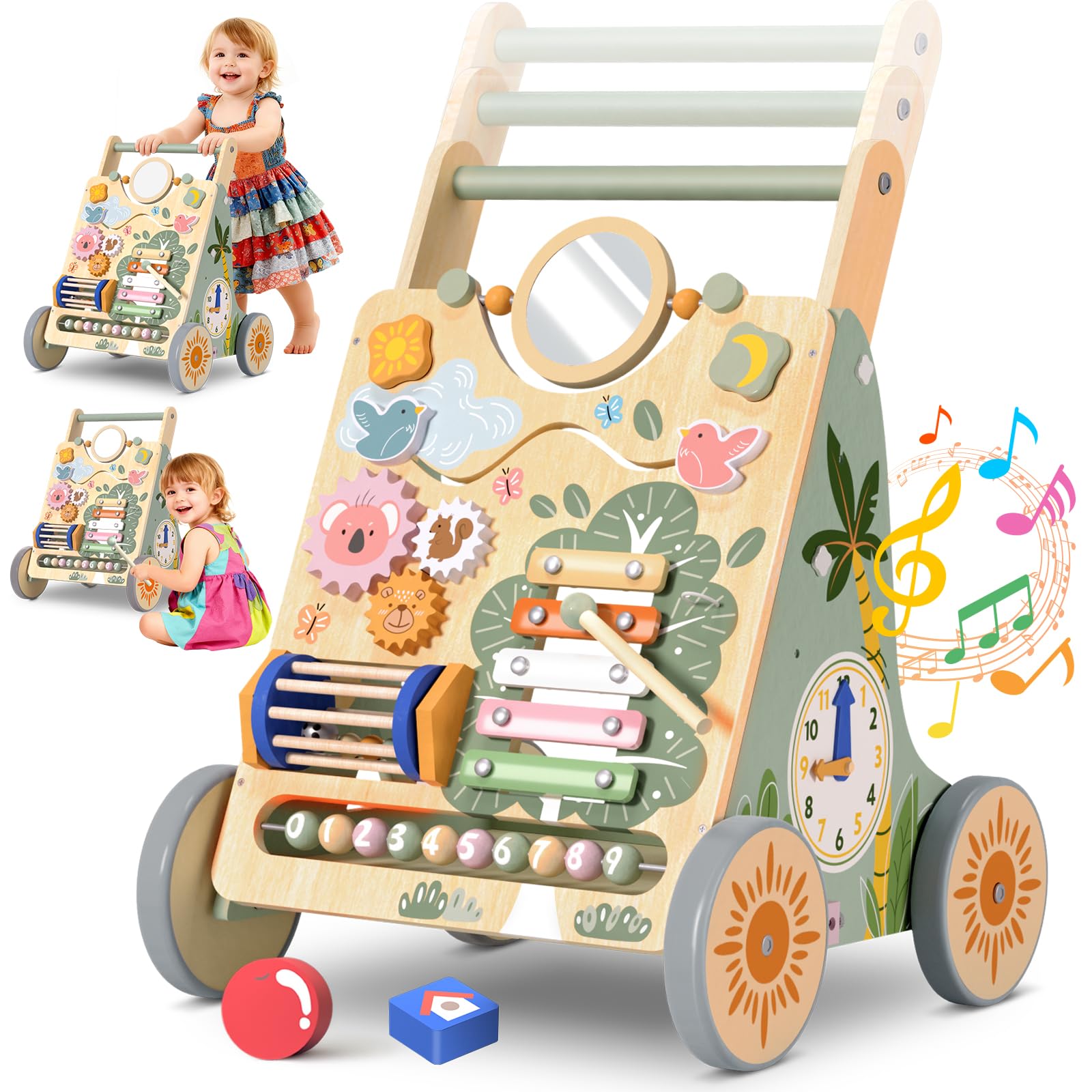Wooden Baby Walker with Wheels, Speed & Height Adjustable,Baby Push Walker for 6-12 18 Months Boys Girls, Montessori Walker Toy 