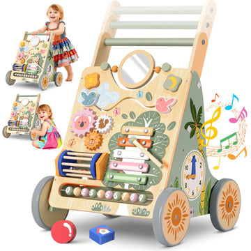 Wooden Baby Walker with Wheels, Speed & Height Adjustable,Baby Push Walker for 6-12 18 Months Boys Girls, Montessori Walker Toy 