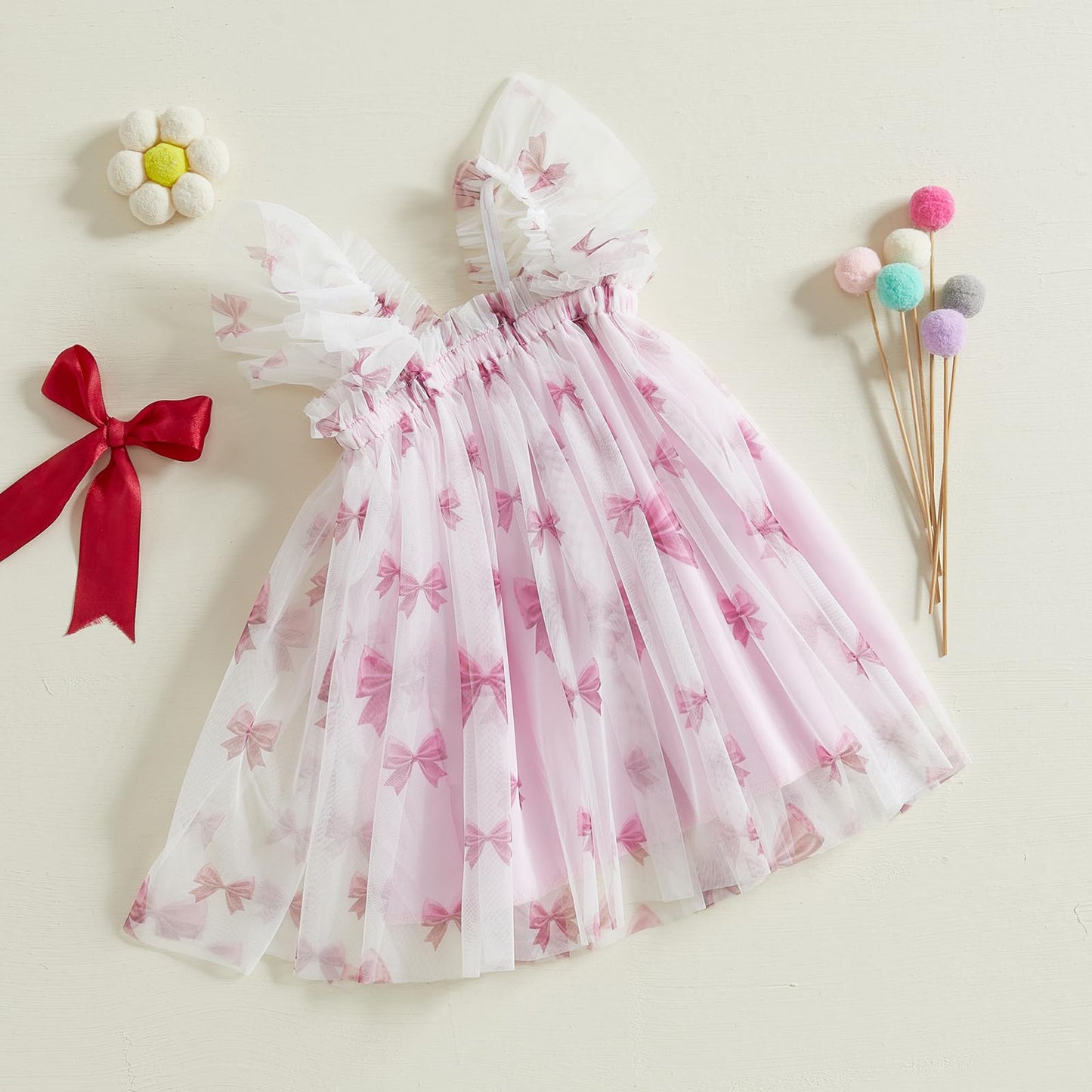 Toddler Baby Girl Dress Valentines Day Heart Bow Sleeveless Layered Tulle Tutu Dresses Princess Holiday Party Dress (D Pink Bow,