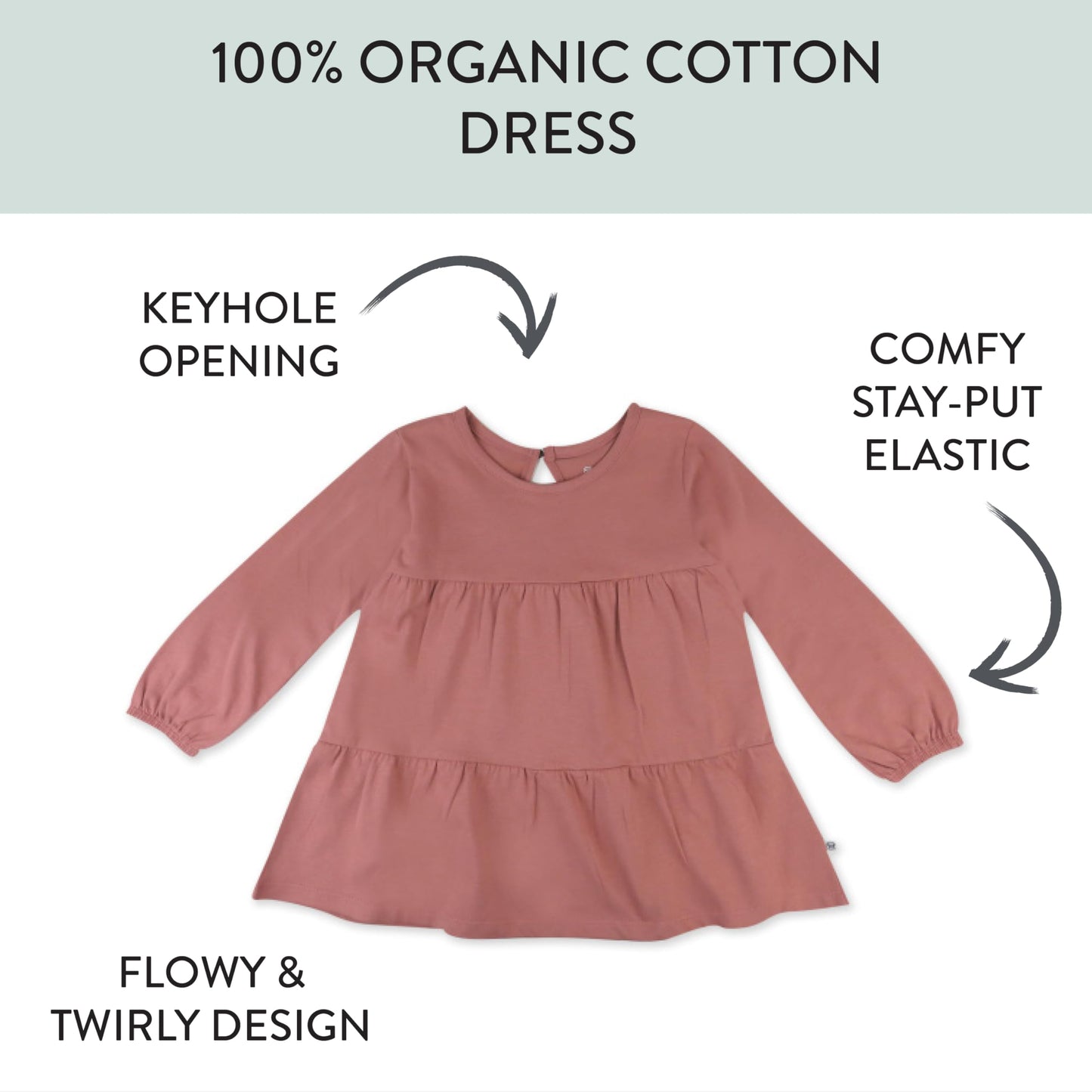 Honestbaby Long Sleeve Tiered Dress,Girl,Ash Rose,6-9 Months