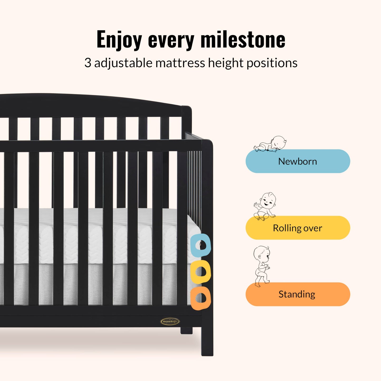 Dream On Me Jpma & Greenguard Gold Certified Odelle 5 In 1 Convertible Crib In Matte Black, Built Of Sustainable Pinewood, 3 Mat