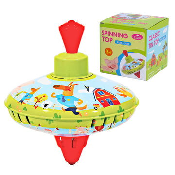Beeqoo Fun Farm Spinning Top Tin Toy For Kids - Retro Classic Toys - Toddler Traditional Spin Tops - Metal Fidget Spinner For Ki