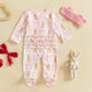 Ayalinggo Valentines Baby Girl Outfit Bowknot Heart Footie Romper Long Sleeve Onesie Newborn Christmas Clothes (Deep Pink, 6-12