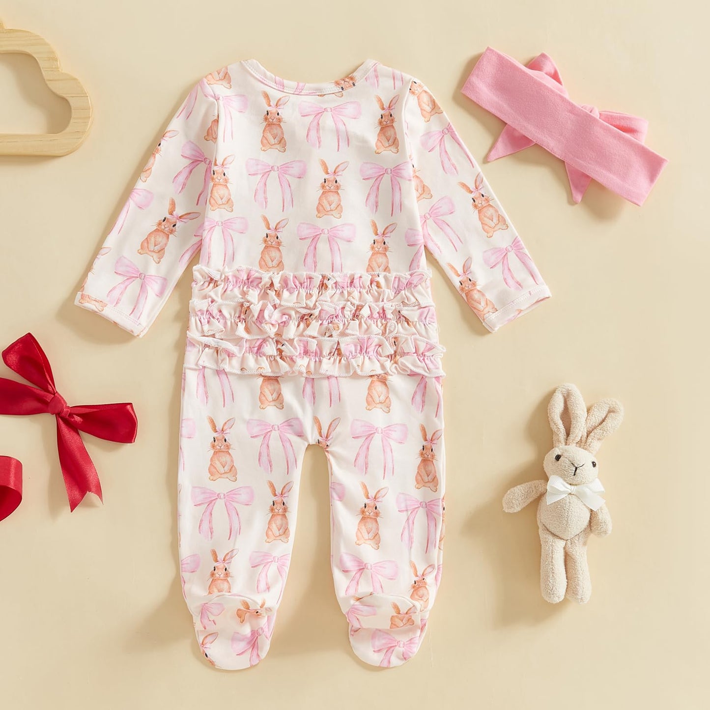 Doisbetthsay Valentines Day Baby Girl Outfit Long Sleeve Heart Print Romper Bodysuit Jumpsuit With Headband Baby Clothes (Bunny