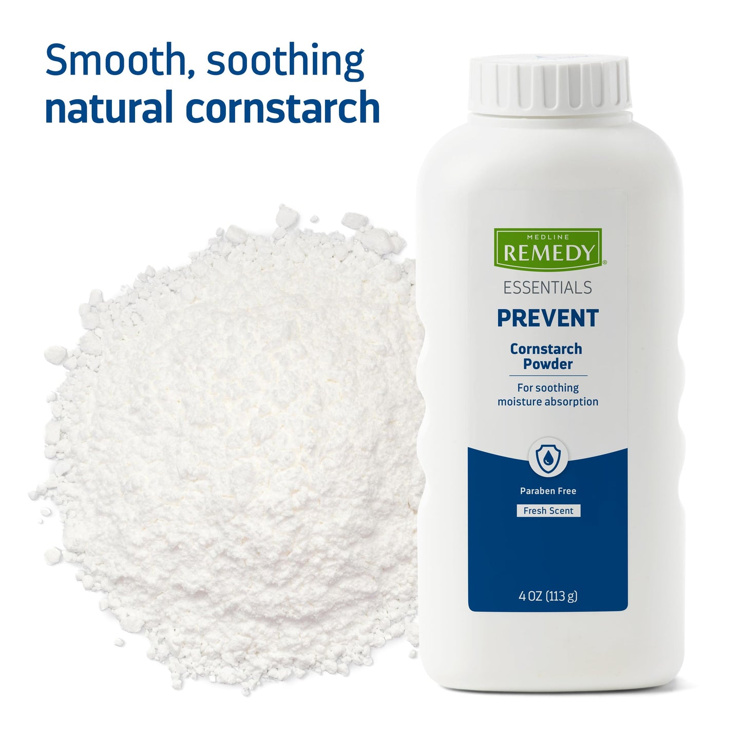Medline Remedy Essentials Cornstarch Powder (4 Oz Bottle), 36 Count, Fresh Scent, Talc Free, Travel Size, Skin Care, Absorbs Swe