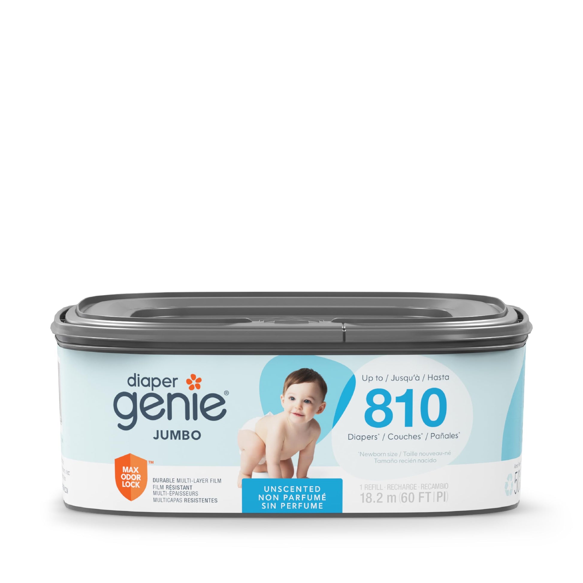 Diaper Genie Jumbo Square Refill, with Continuous Film, can Hold up to 810 NewbornSized Diapers per Refill.
