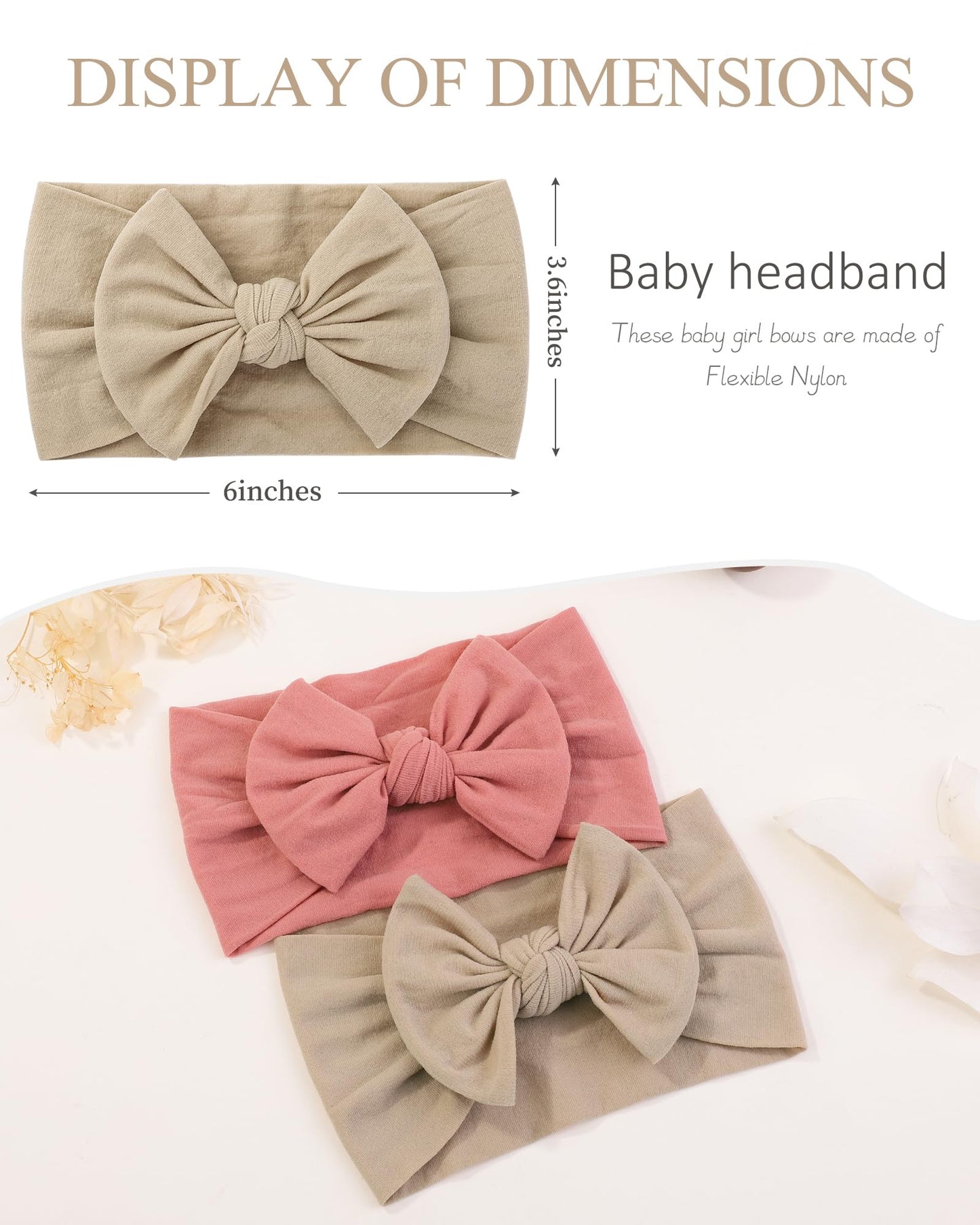 Jollybows 3Pcs Baby Nylon Headbands Hairbands Hair Bow Elastics For Baby Girls Newborn Infant Toddlers Kids (9-Baby Pink+Baby Bl