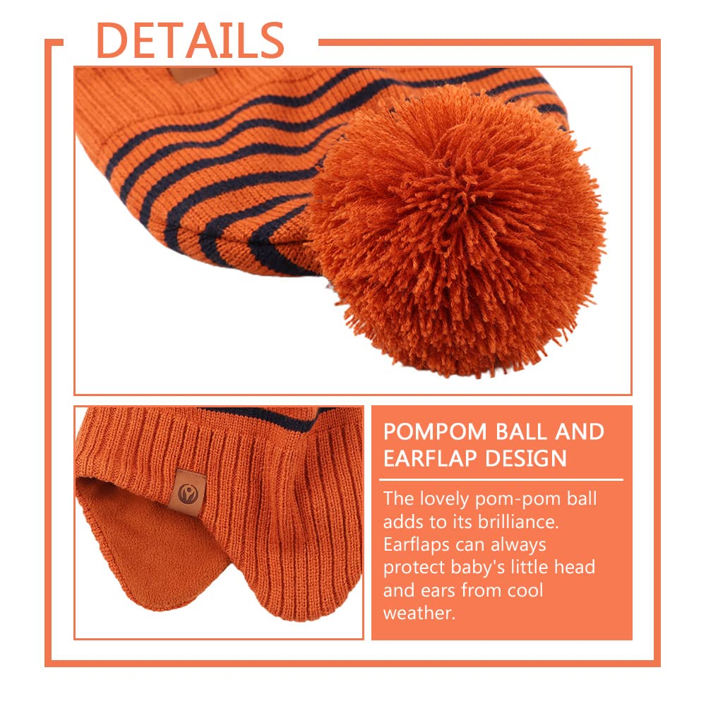 Jangannsa Knitted Baby Hat Scarf Set Winter Warm Boys Girls Beanie Fleece Lining Toddler Kids Hat With Pompom(Striped Caramel(Ha