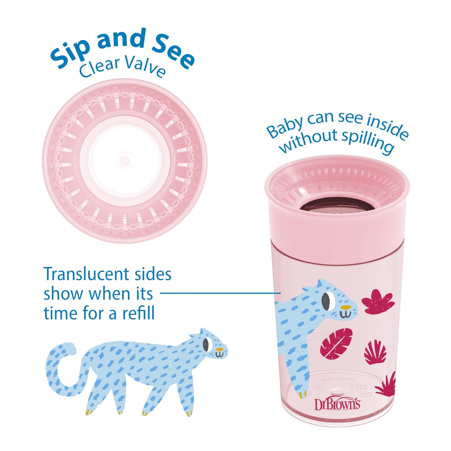 Dr. Browns Milestones Cheers 360 Cup Spoutless Transition Cup, Travel Friendly & Leak-Free Sippy Cup, Pink Leopard, 10 Oz/300 Ml