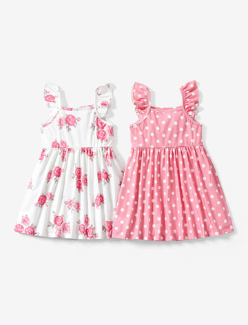 Patpat 2 Pack Toddler Girls Ruffle Sleeve A-Line Dresses Baby Girl Summer Casual Multi-Pack Sundress, Pink Rose, 6-7 Years
