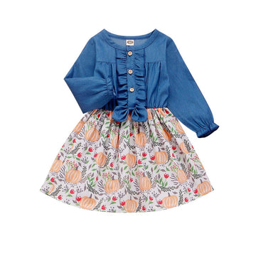 Infant Toddler Baby Girls Halloween Dress Ruffled Button Pumpkin Printed Bowknot Long Sleeve Denim Fall Skirt(Blue, 4-5T)