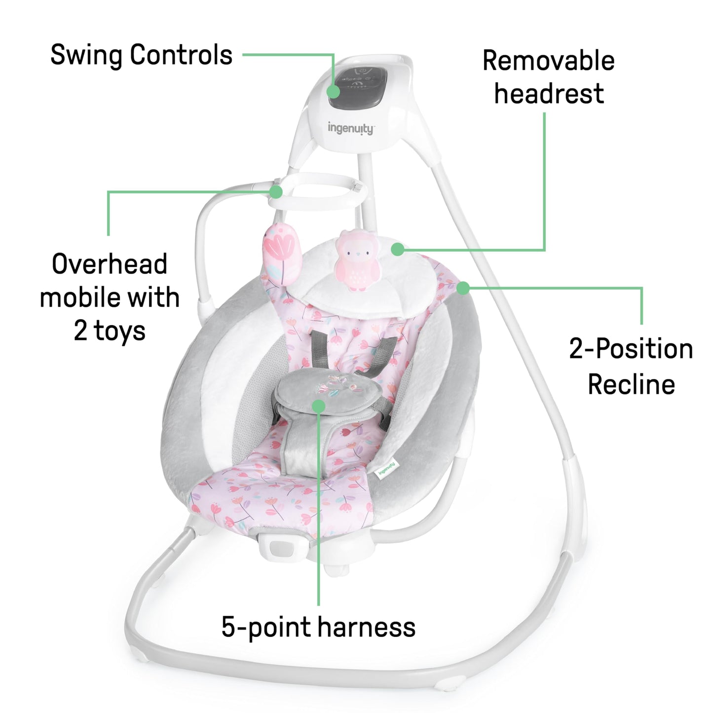 Ingenuity Simplecomfort Lightweight Compact 6-Speed Multi-Direction Baby Swing, Vibrations & Nature Sounds, 0-9 Months 6-20 Lbs