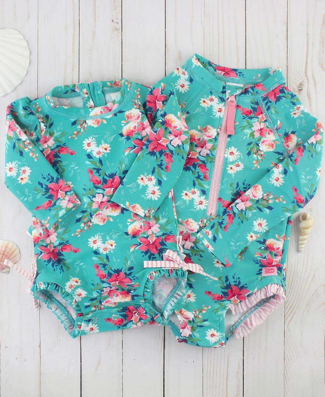 Rufflebutts Baby Girls Upf 50+ Sun Protection Floral Printed Long Sleeve One Piece Rash Guard Swimsuit With Zipper - Fancy Me Fl