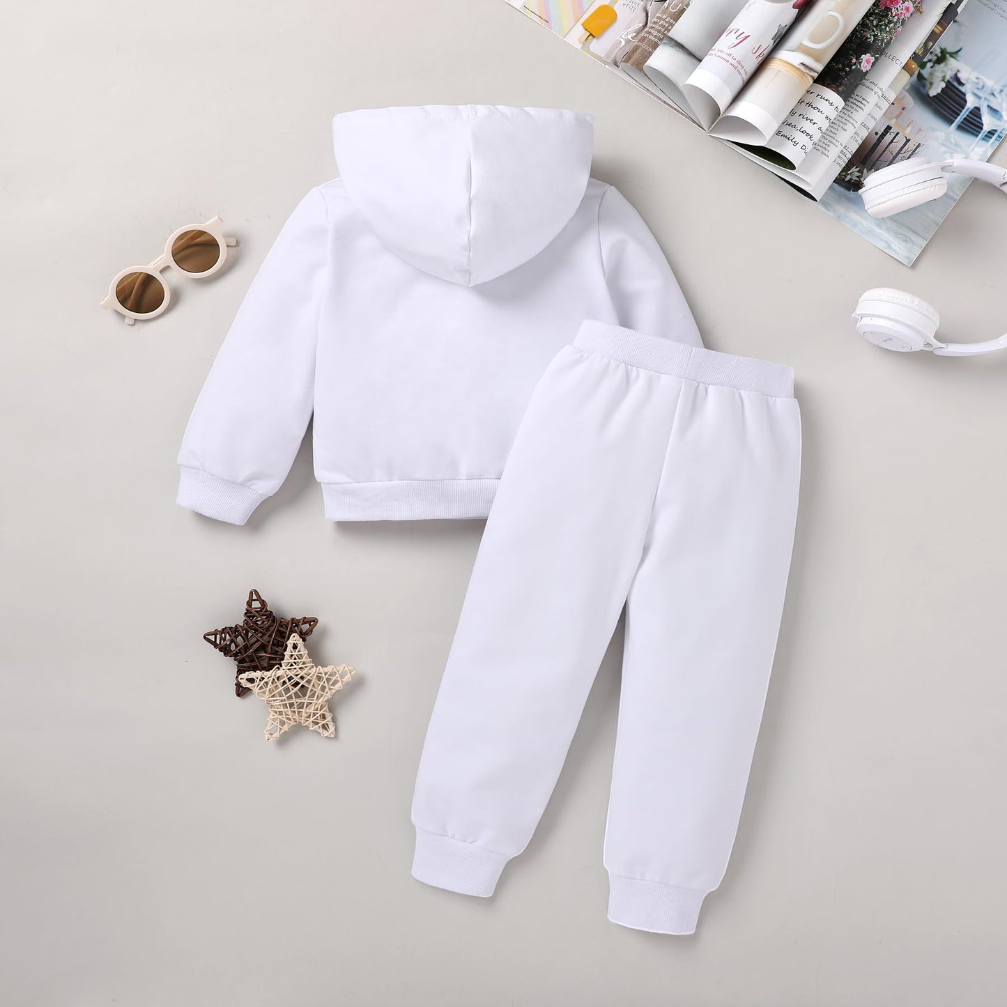 Happy Town Toddler Fall Outfits For Girl Boy Long Sleeve Hoodie Top And Long Sweatpants Set Toddler Sweatsuit (Solid Color-White