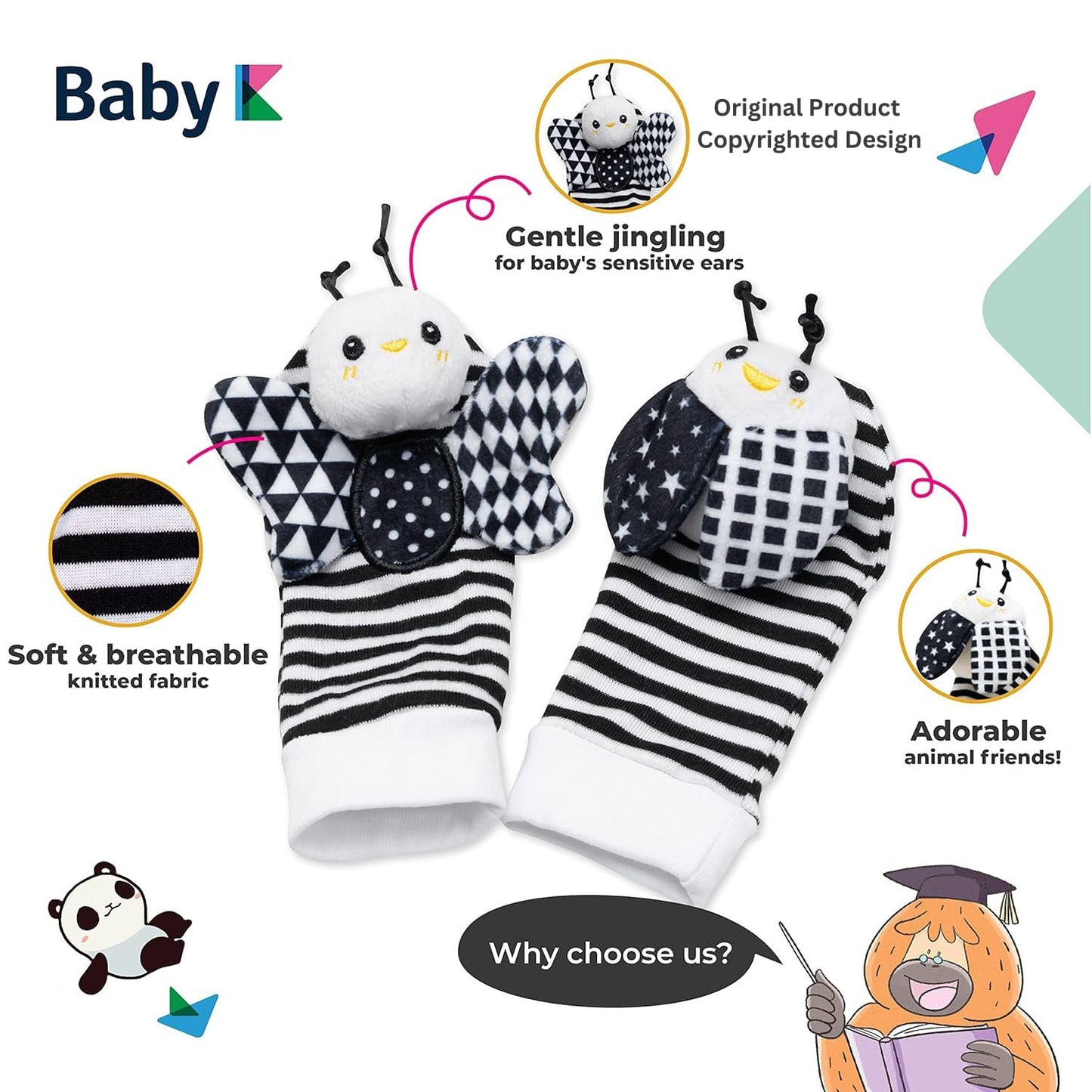 BABY K Baby Rattle Socks & Wrist Toys (Set E) - Newborn Toys for Baby Boy or Girl - Brain Development Infant Toys - Hand and Foo