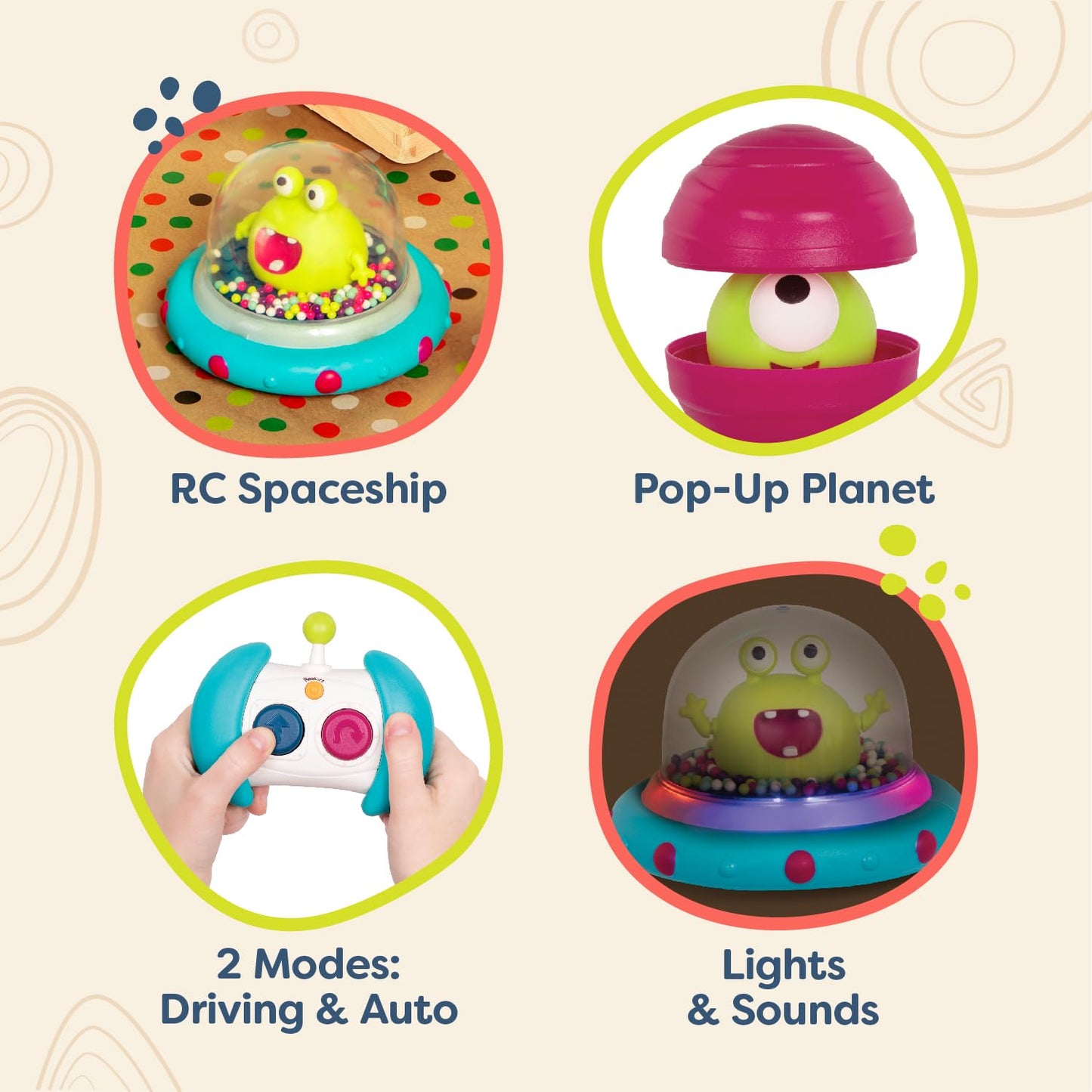 B. toys - Vehicle Bumper Space Car - Light - Up - Simple Remote Control Car for Toddlers with Alien Driver - Marky Mars - 12+ Mo