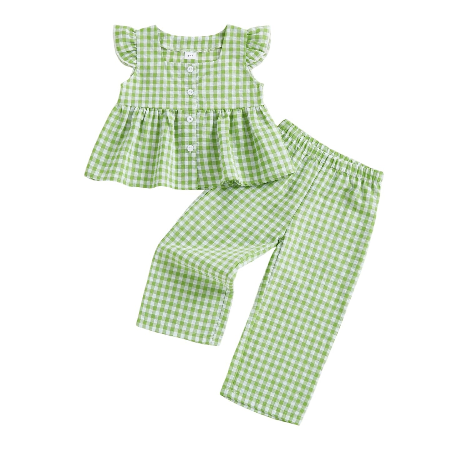 Thorn Tree Girls Summer Outfits Ruffle Sleeve Button Up Dress Tops Plaid Linen Pants Spring Toddler Girl Clothes (Green, 18-24 M