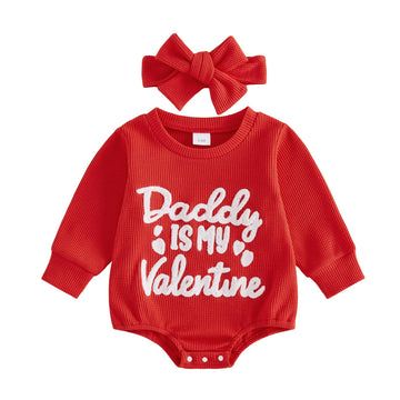 allshope Inafnt Baby Girl Valentines Day Outfit Heart Bubble Romper Jumpsuit Bodysuit Newborn Fall Waffle Clothes (Daddy Is My 