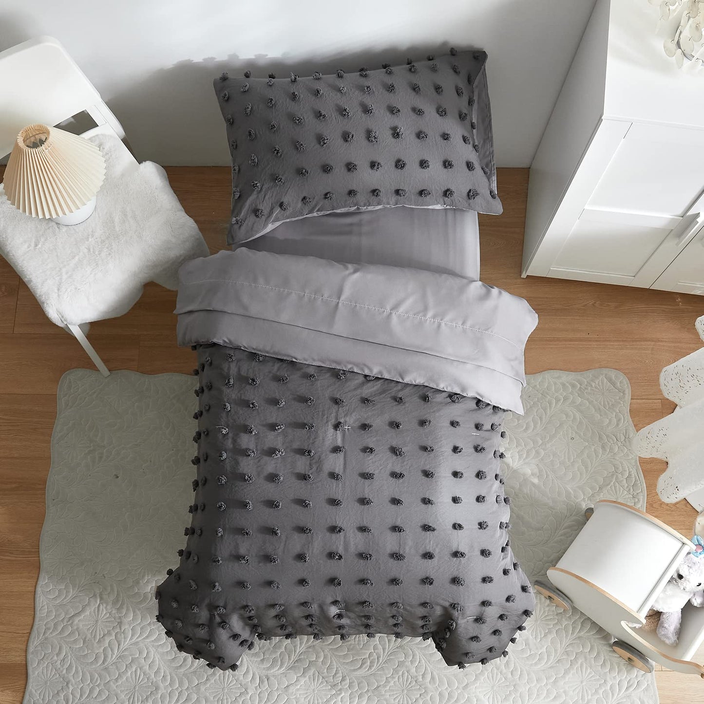 4 Pieces Tufted Dots Toddler Bedding Set Solid Grey Jacquard Pom Pom Tufts, Soft And Embroidery Shabby Chic Boho Design For Baby