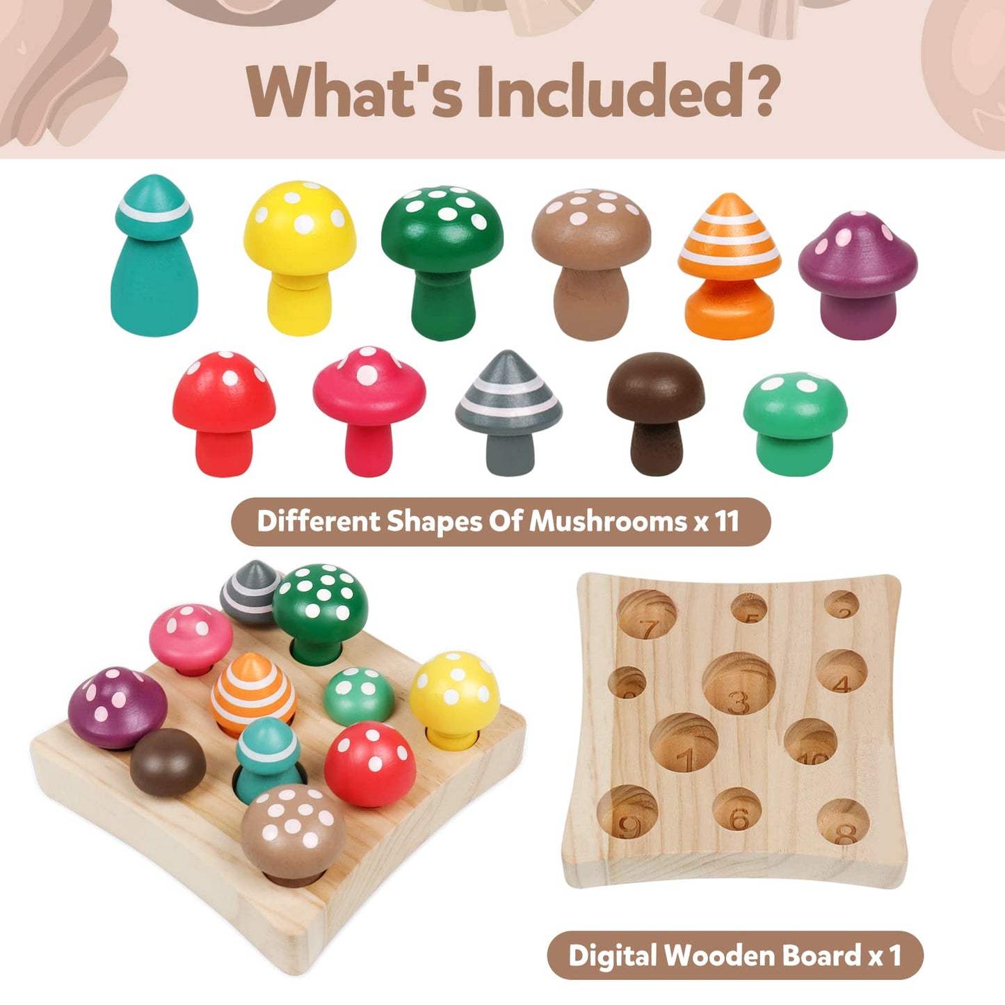 NAODONGLI Montessori Toys for 1 2 3 Year Old Boys Girls Wooden Harvest Mushroom Toys STEM Educational Preschool Learning Number