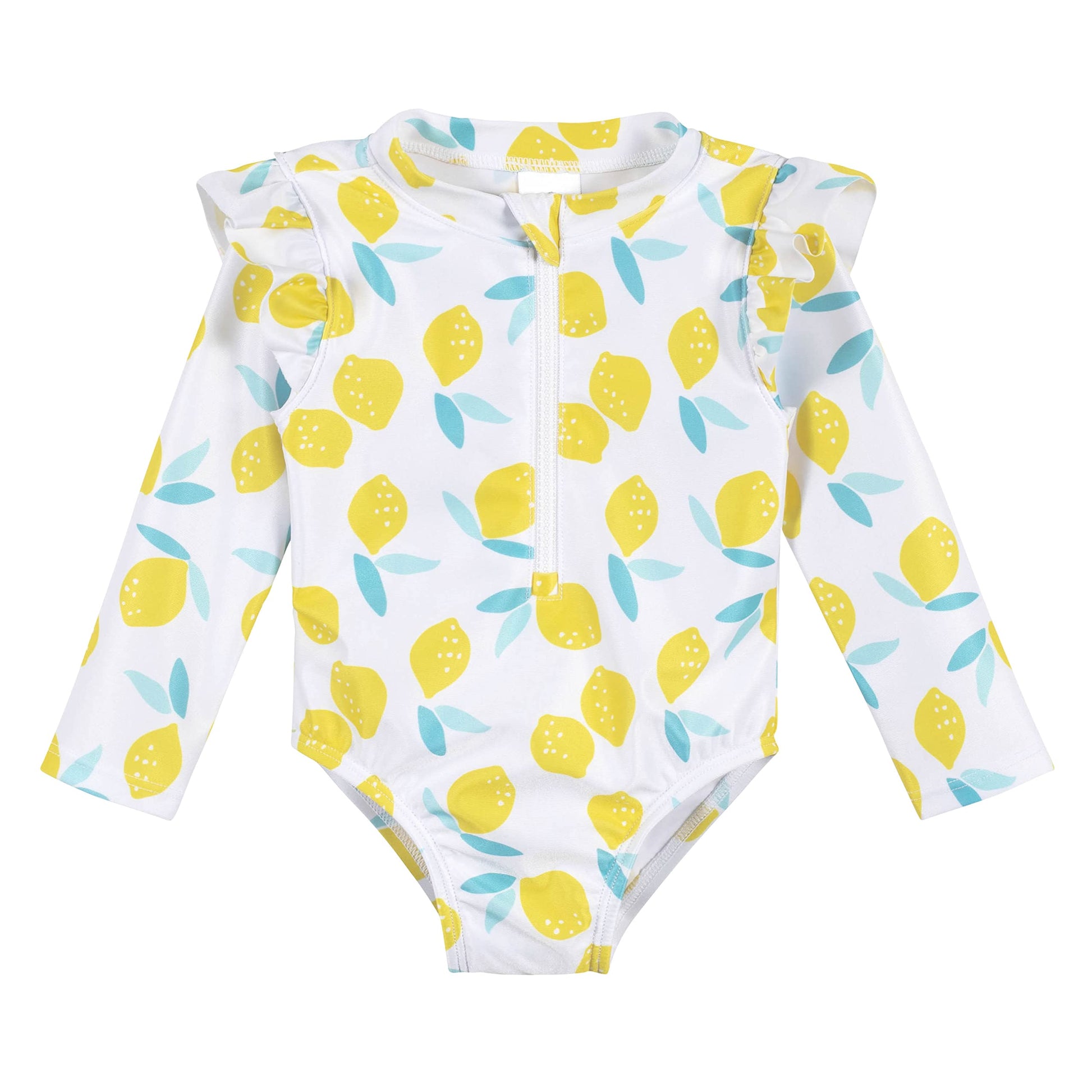 Gerber Girls' Toddler Long Sleeve One Piece Rashguard Swimsuit, White Yellow Lemons, 12 Months