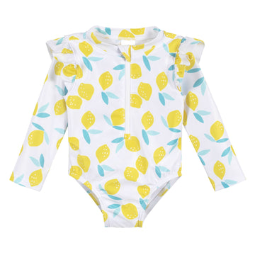Gerber Girls' Toddler Long Sleeve One Piece Rashguard Swimsuit, White Yellow Lemons, 12 Months