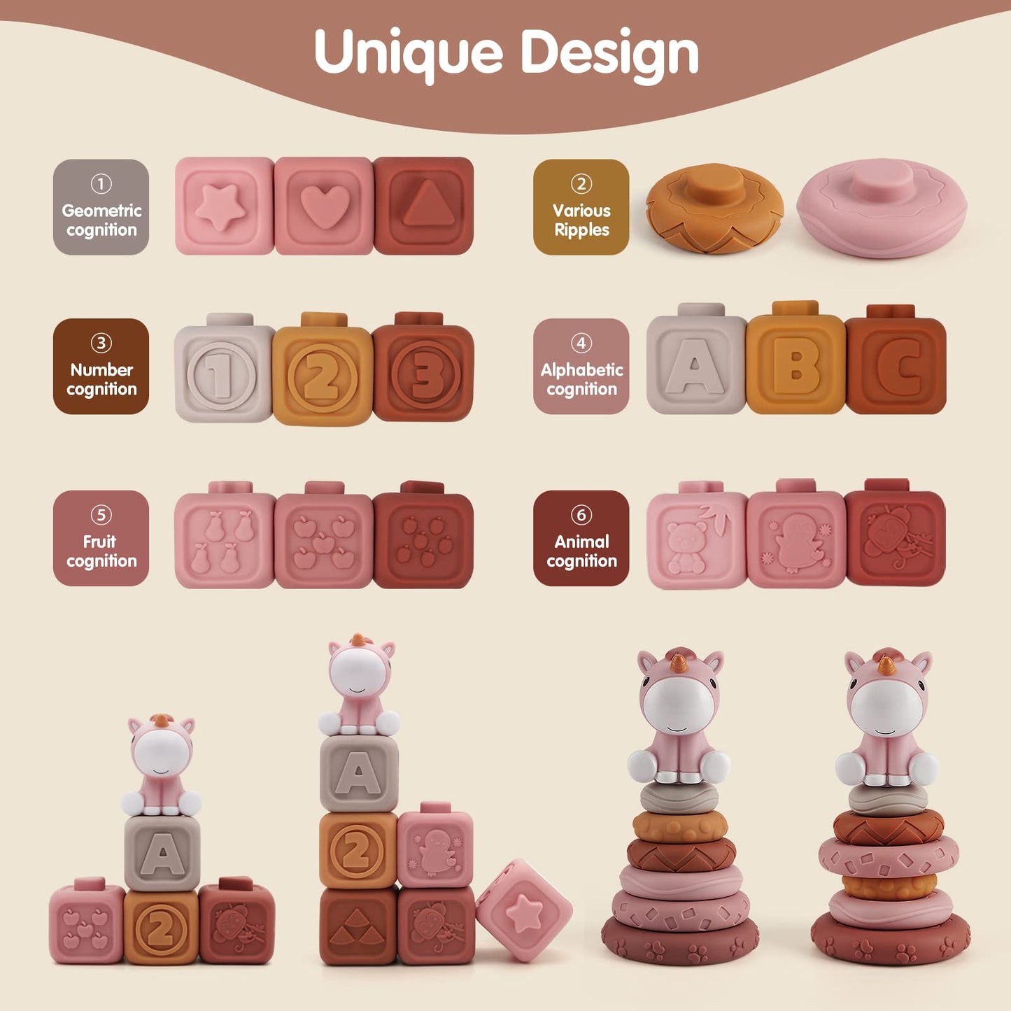 Nueplay 13 Pcs Building Circle & Blocks, Stacking & Nesting Baby Toys with Horse Figure, Newborn Essentials Squeeze Teething Toy