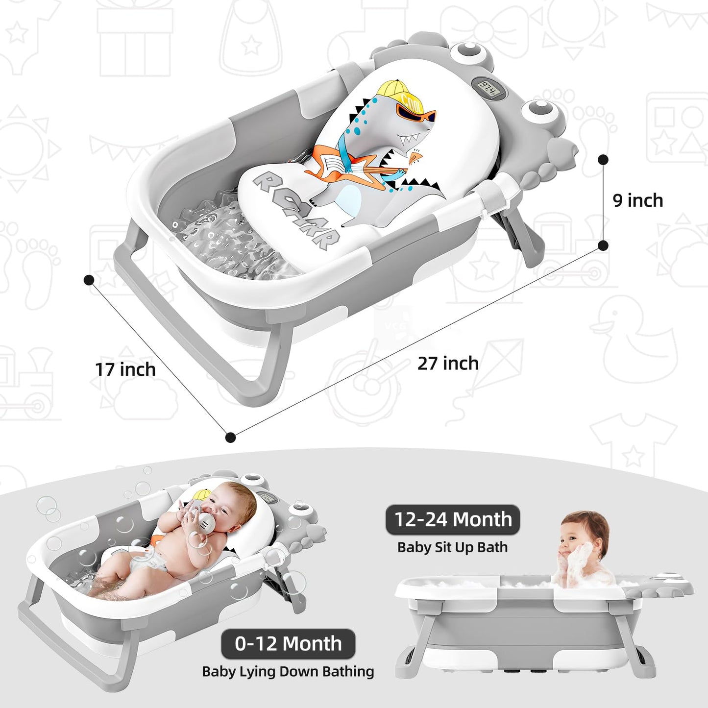 Collapsible Baby Bathtub For Newborns To Toddler With Real-Time Temp Monitor & Floating Cushion,Portable Travel Tub For 0-36 Mon