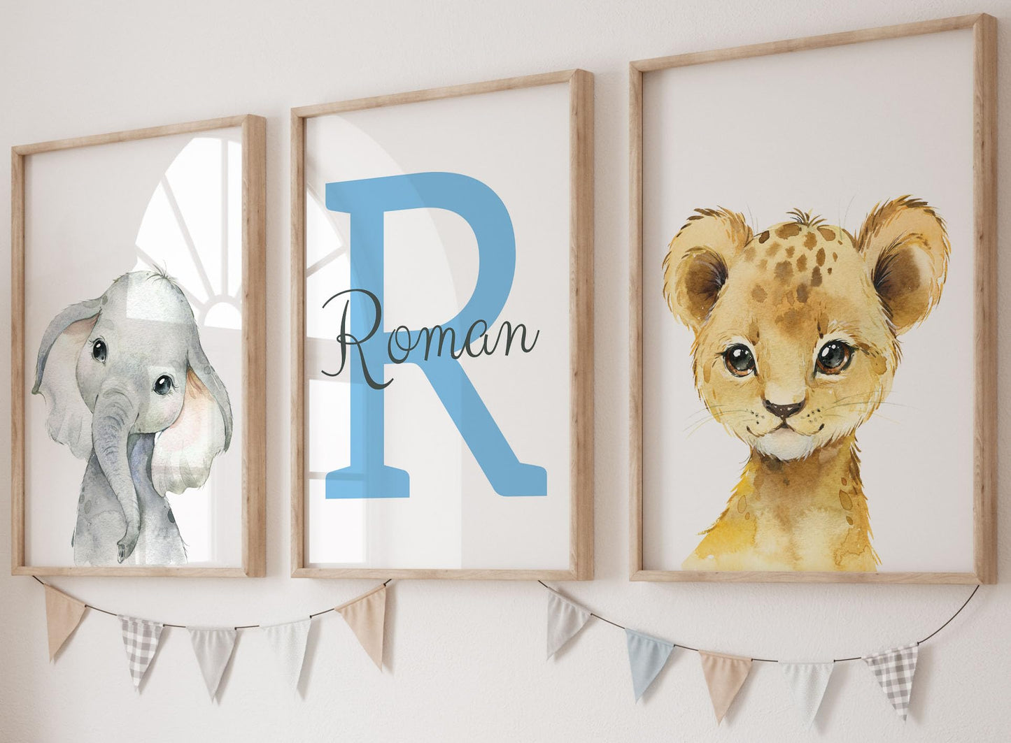 Personalized Safari Animals For Boy Girl Nursery, Set Of 3 Unframed Bedroom Poster Prints, Personalized Name Blue Green Yellow,