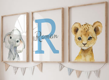 Personalized Safari Animals For Boy Girl Nursery, Set Of 3 Unframed Bedroom Poster Prints, Personalized Name Blue Green Yellow,