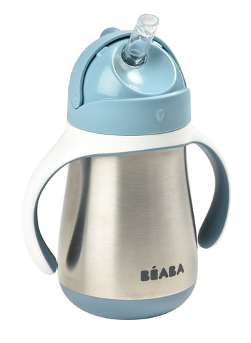 Beaba Stainless Steel Straw Sippy Cup, Insulated Toddler Cups Spill Proof with Removable Handles, Made with High Grade Stainless