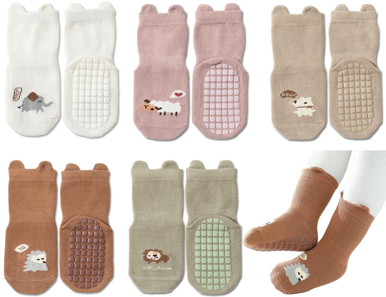 Exegawe Toddler Non Slip Socks, Cute Baby Socks With Grips Crew Socks 5 Pairs(E-5 Mix Colors,S)