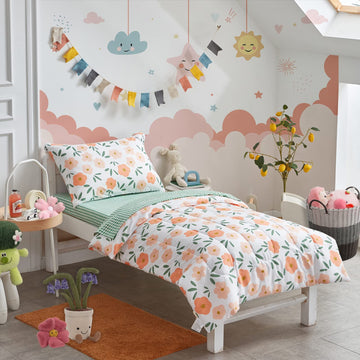4 Pieces White Girls Toddler Bedding Set Orange Floral Style - Includes Adorable Quilted Flower Comforter, Green Plaid Fitted Sh