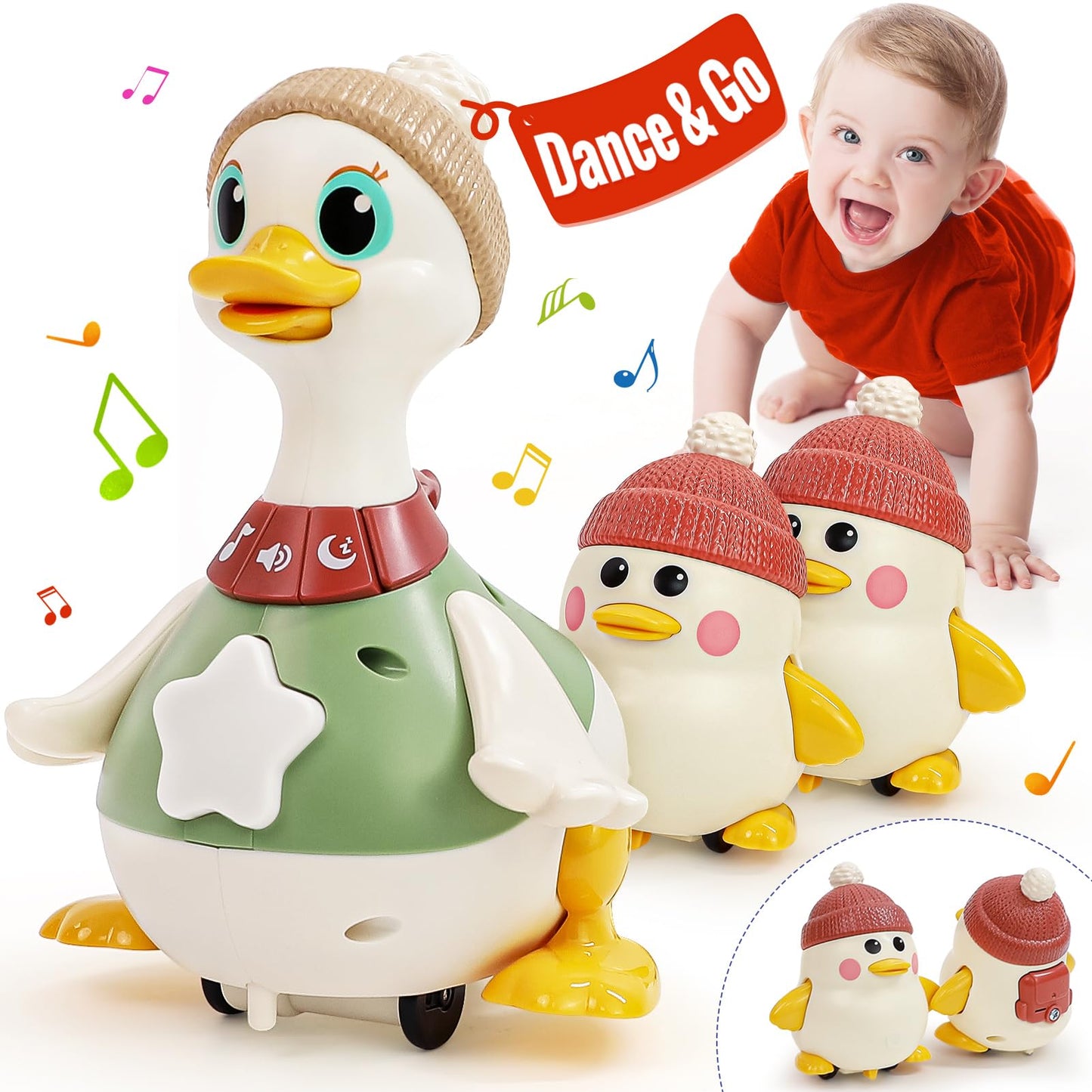 HOLA Baby Toys 6-12 Months Musical Dancing Duck Toy Set with Mama and Babys Tummy Time Toys, Crawling and Interaction Modes 1 Ye