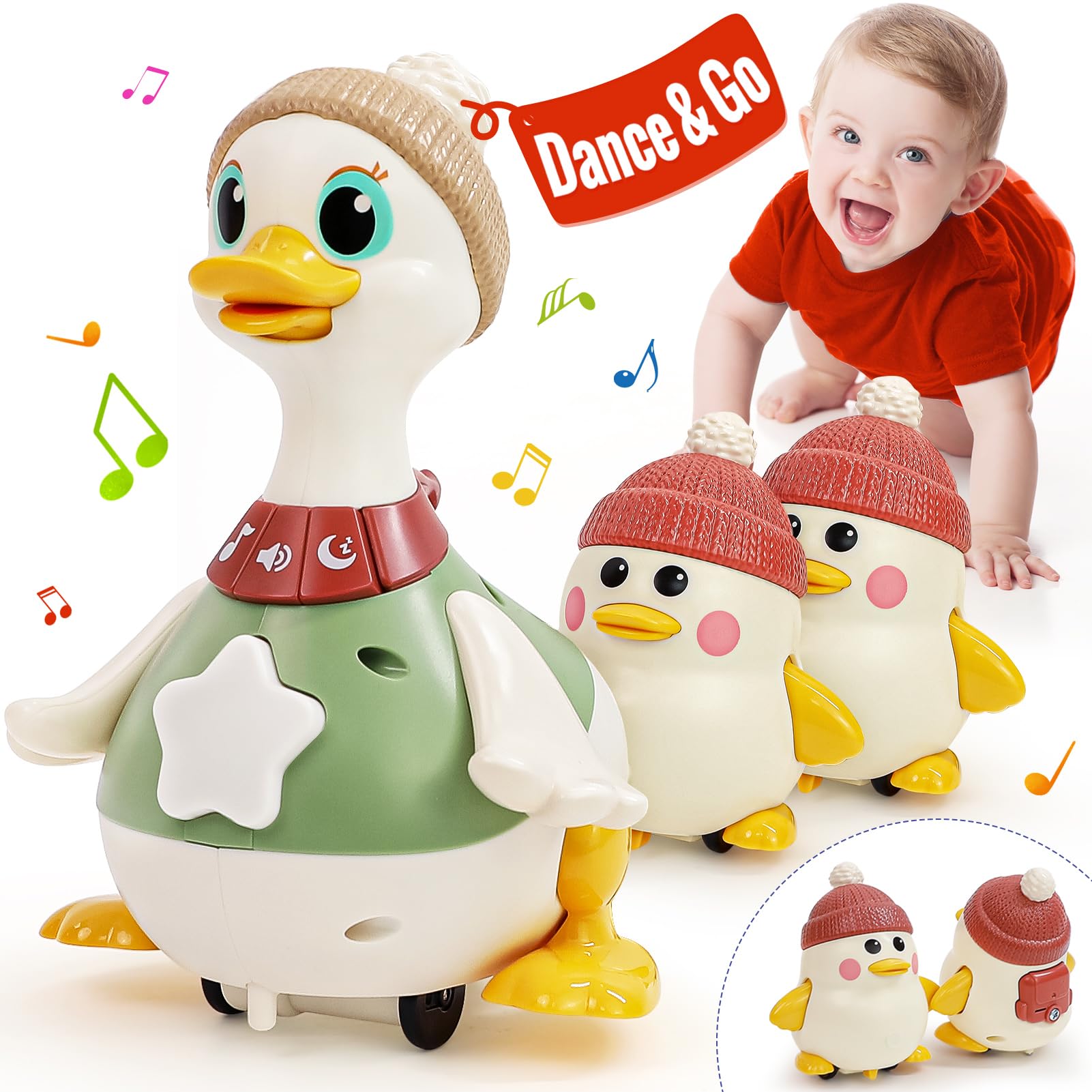 HOLA Baby Toys 6-12 Months Musical Dancing Duck Toy Set with Mama and Babys Tummy Time Toys, Crawling and Interaction Modes 1 Ye