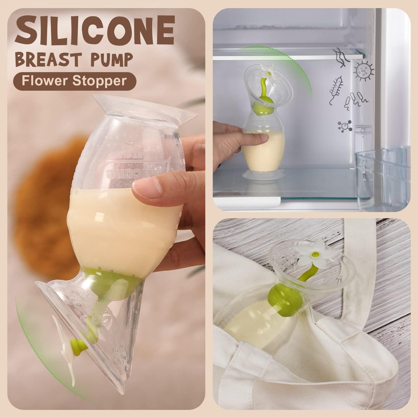 Haakaa Silicone Breast Pump Manual Breast Pump With Suction Base, Flower Stopper And Silicone Lid(5Oz/150Ml) (White) +Disposable